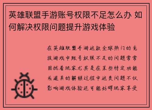 英雄联盟手游账号权限不足怎么办 如何解决权限问题提升游戏体验